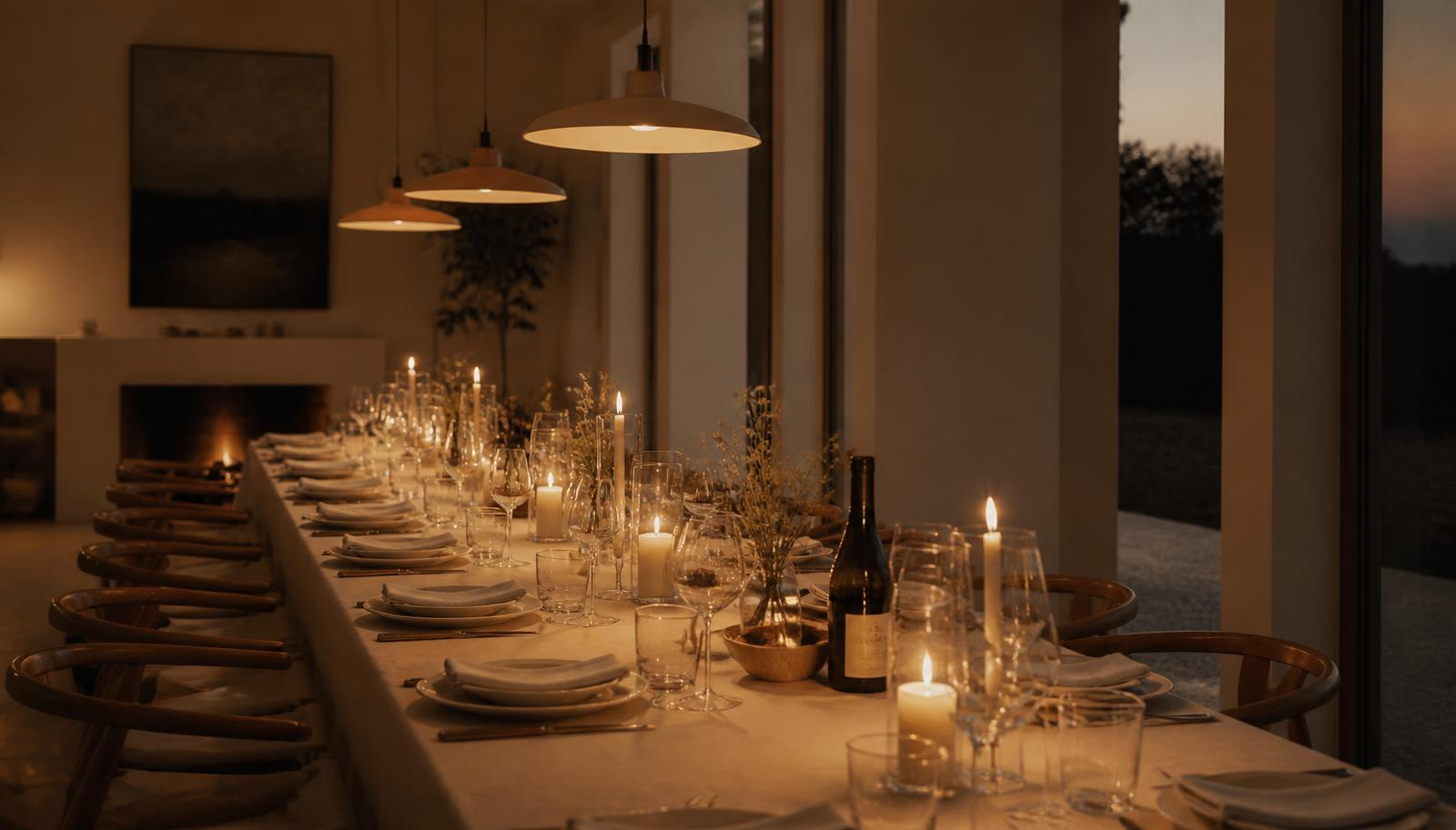 A candlelit dinner table set for a private gathering